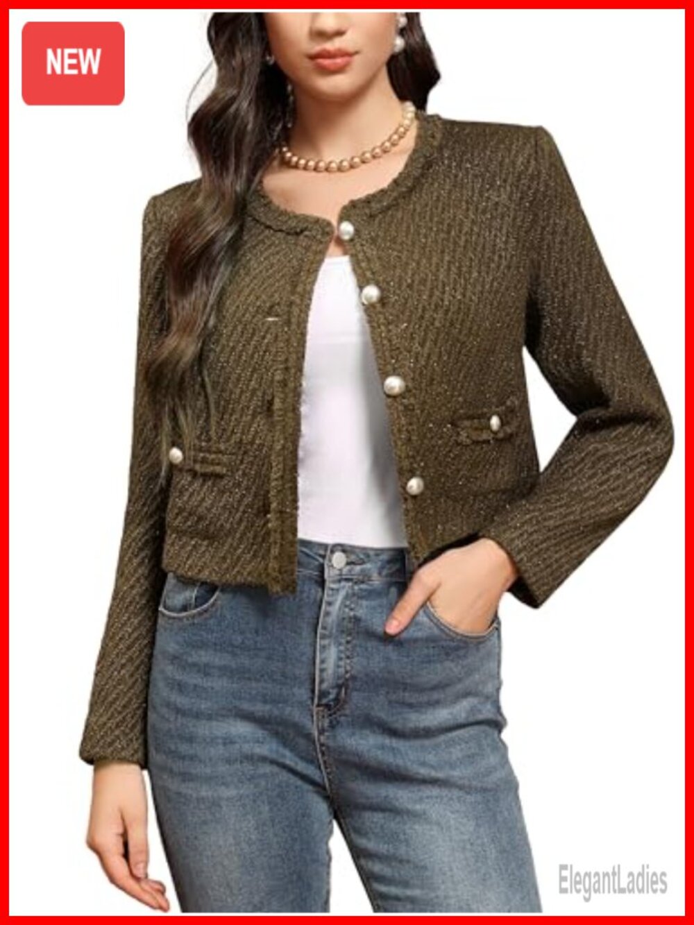 Women's Tweed Cropped Blazer with Pockets Long Sleeve Wool Blend Office Wear